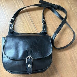 Patricia Nash “Claretta” Black Leather Crossbody Saddle Bag 9x6.5”